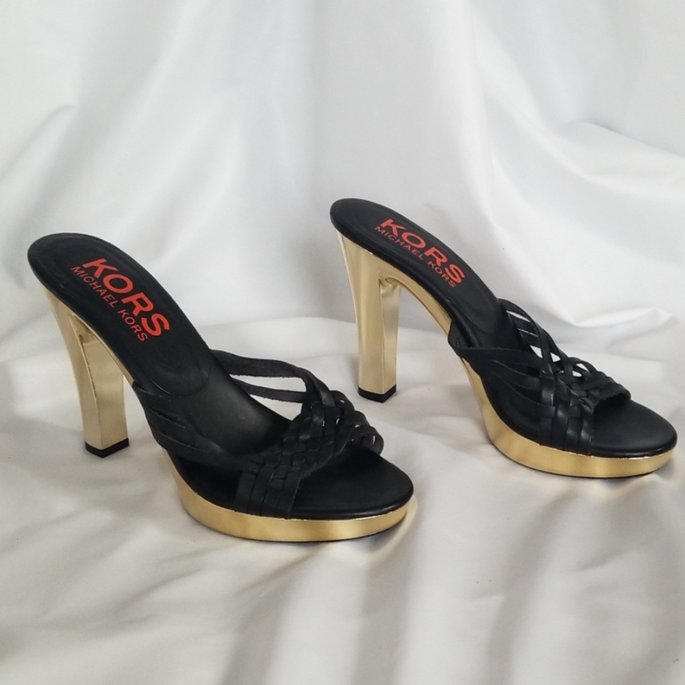 Michael Kors strappy black leather shiny gold heel